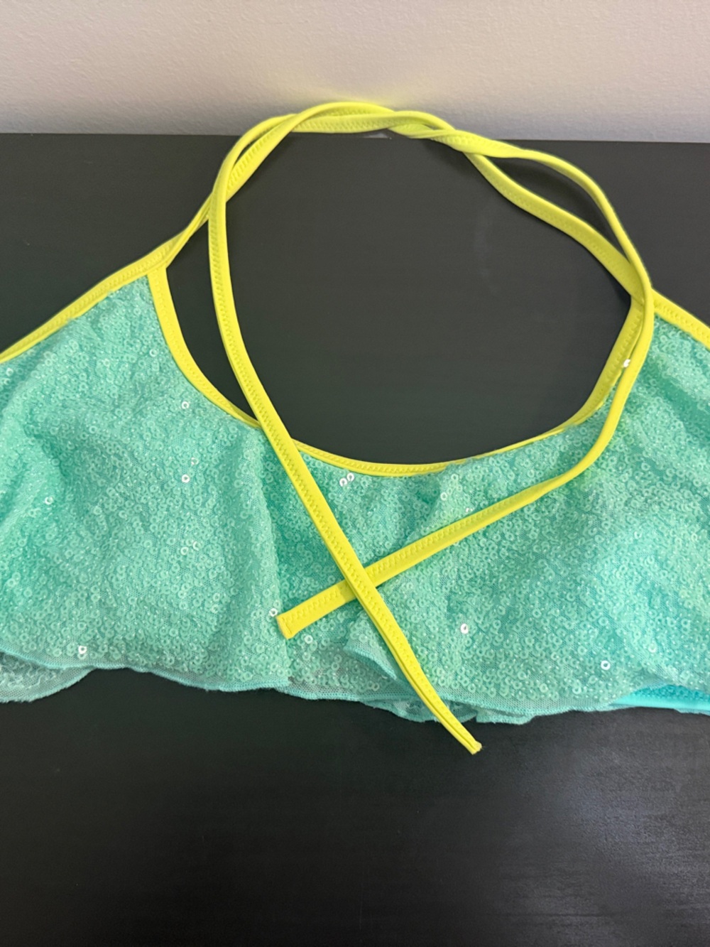 Victoria secret Aqua Sequin Bikini Top with Neon Yellow Trim